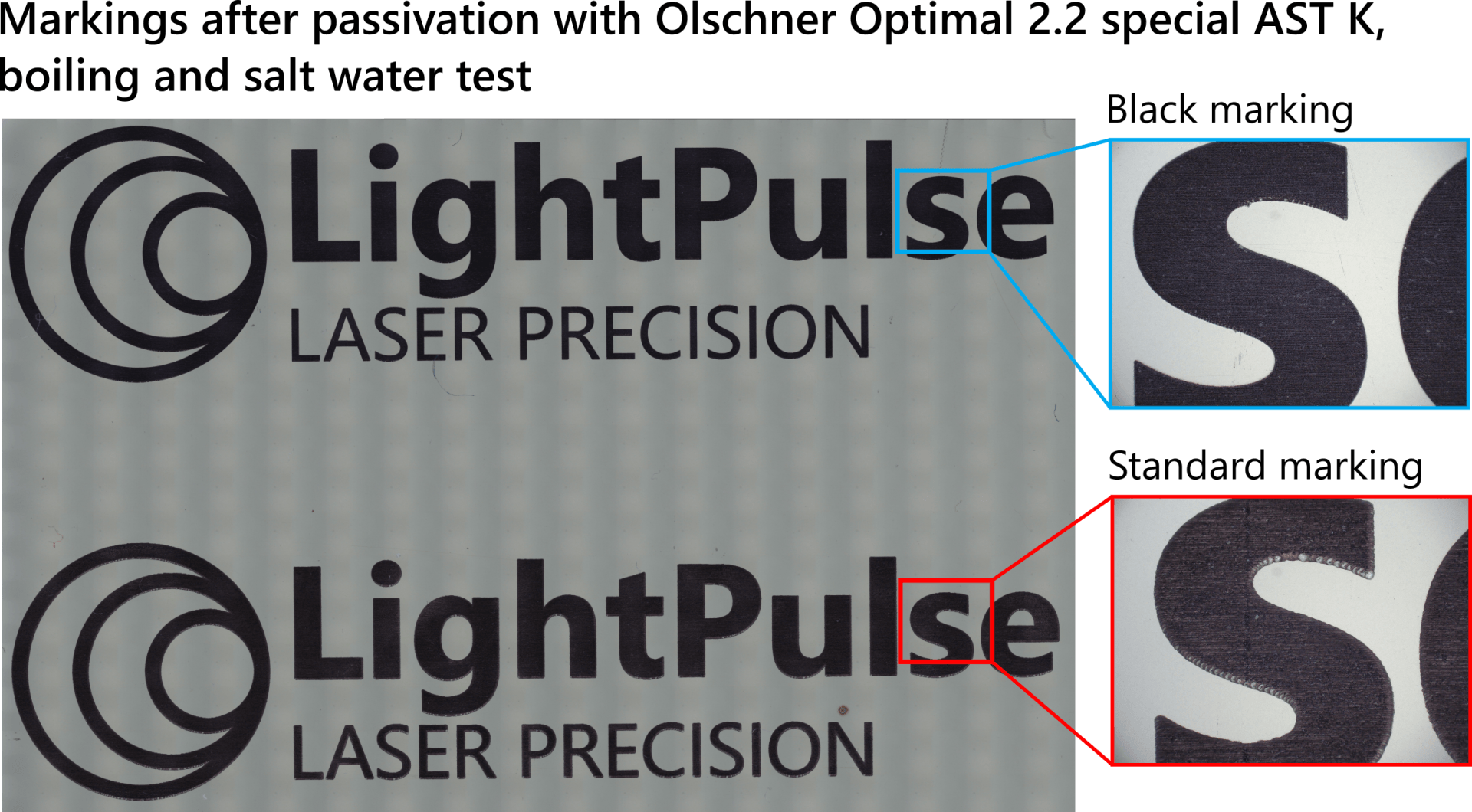 Tested sample after passivation and corrosion test Black marking after passivation