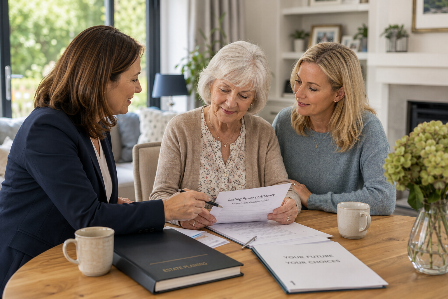 Adult daughter discussing Power of Attorney documents with her mother.