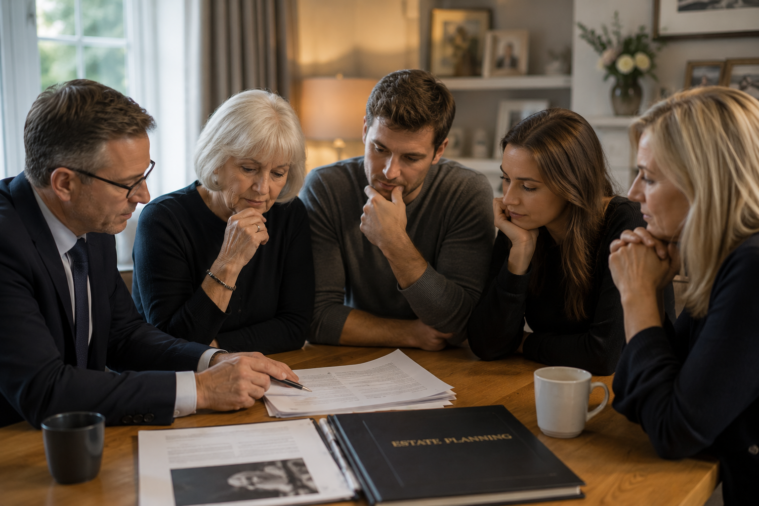 Family discussing inheritance and estate planning after the loss of a loved one.