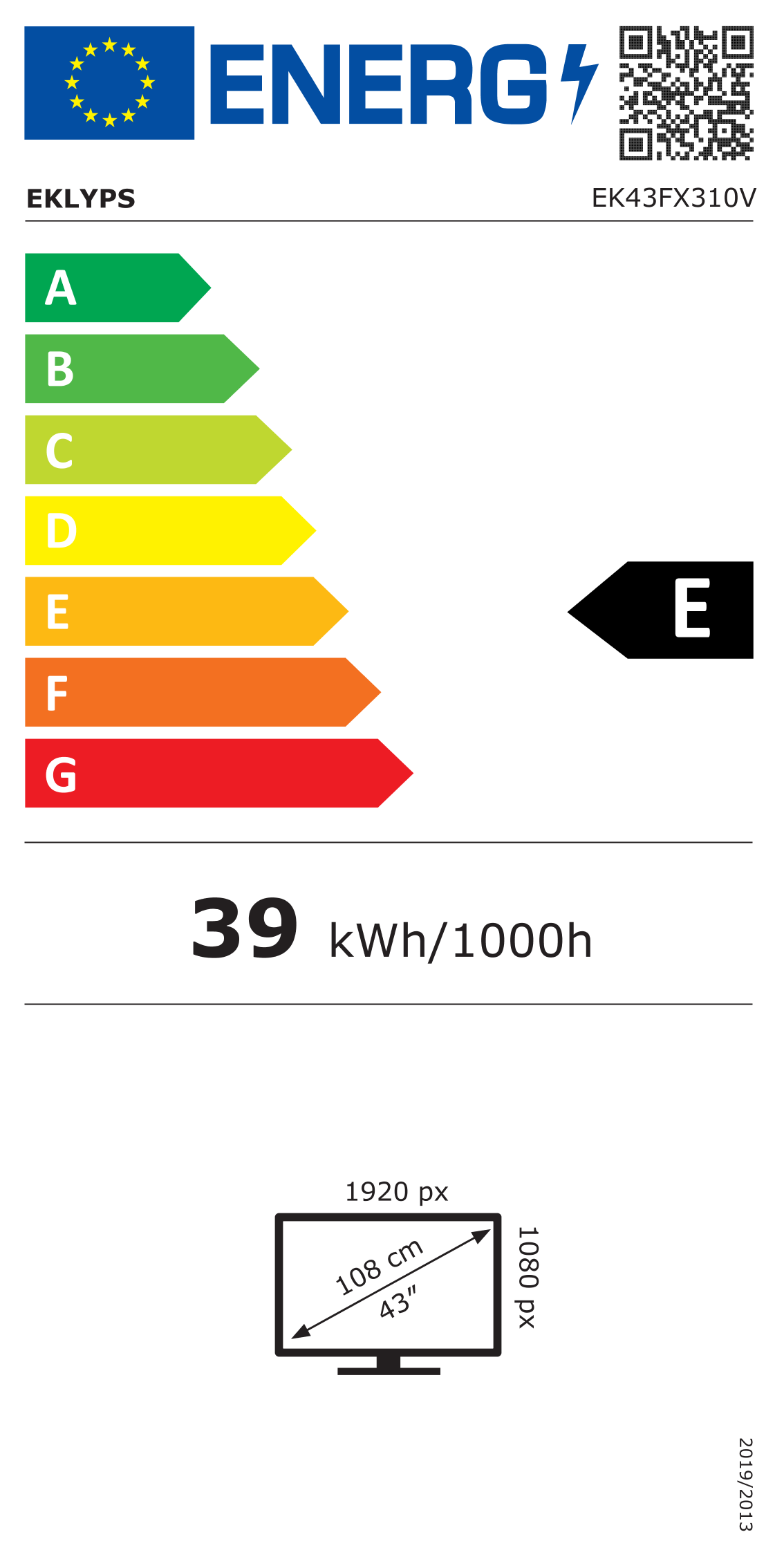 Télécharger l'étiquette énergétique classement E du téléviseur EK43FX310V