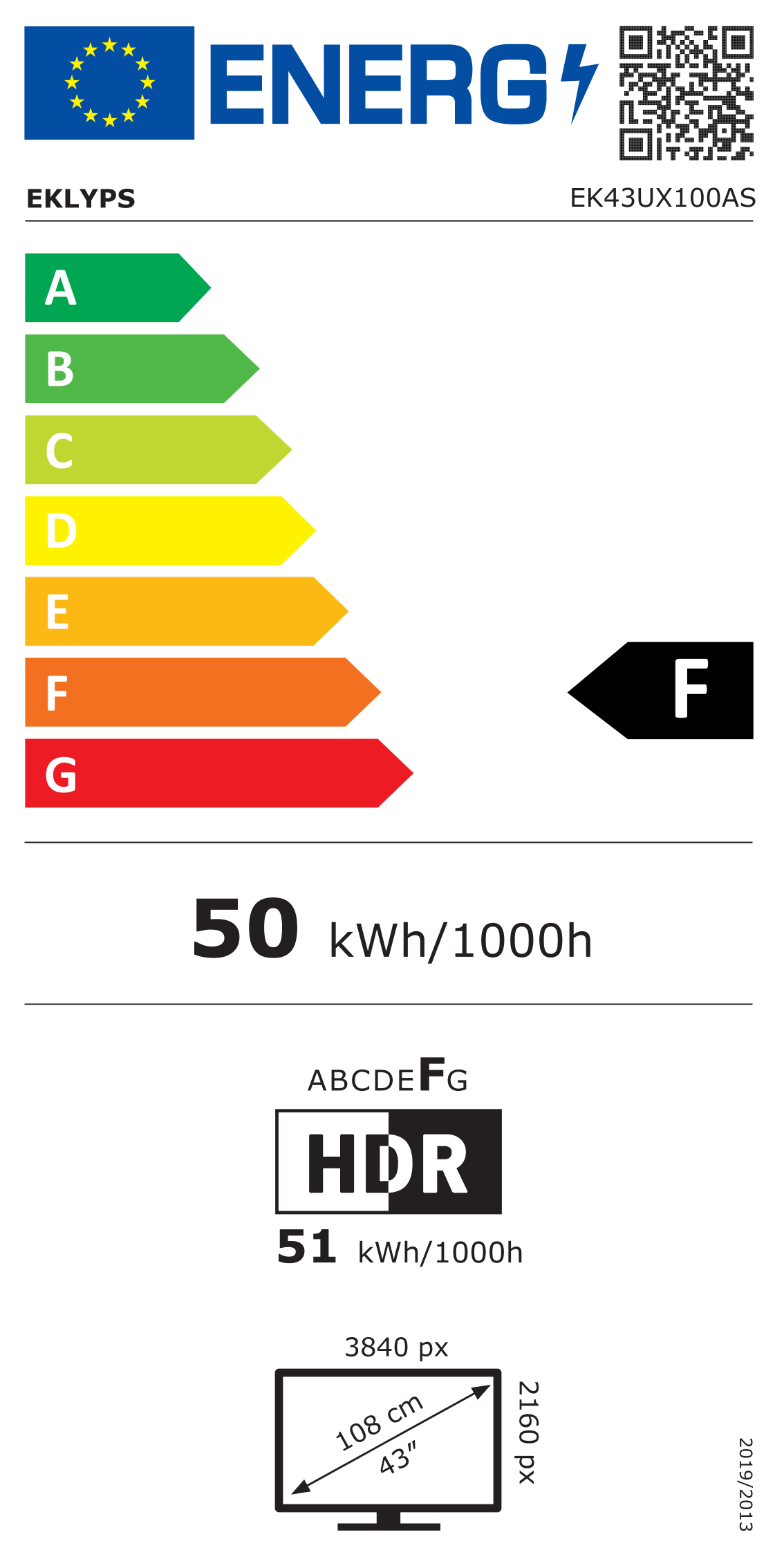Télécharger l'étiquette énergétique classement F du téléviseur EK43UX100AS