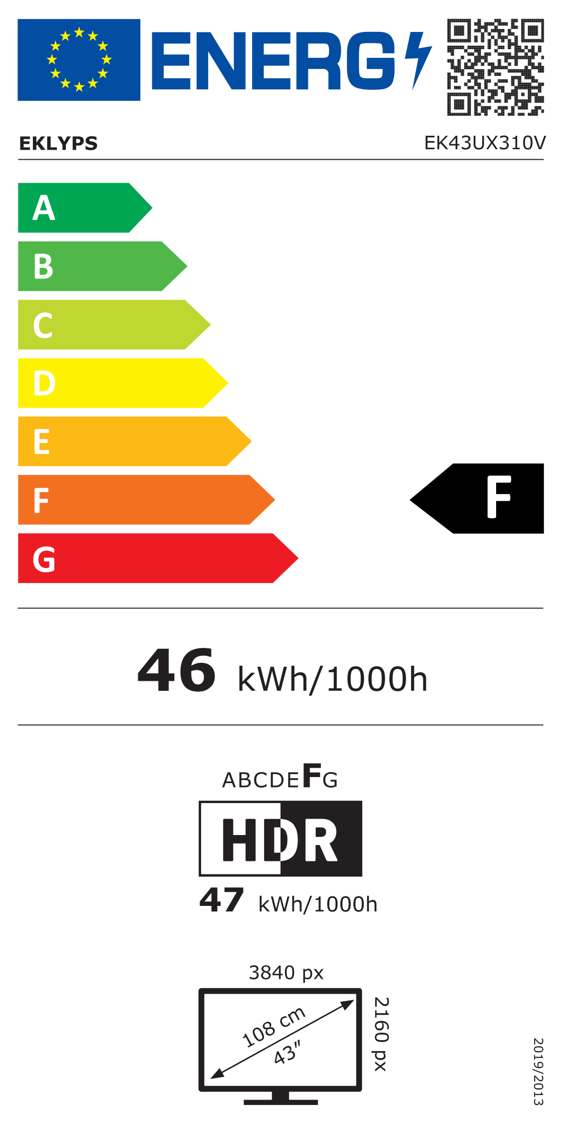 Télécharger l'étiquette énergétique classement F du téléviseur EK43UX310V