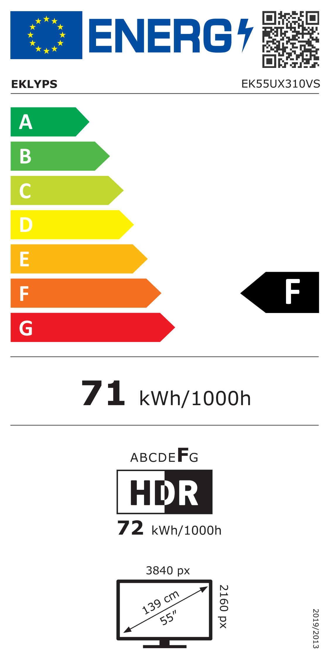 Télécharger l'étiquette énergétique classement F du téléviseur EK55UX310VS