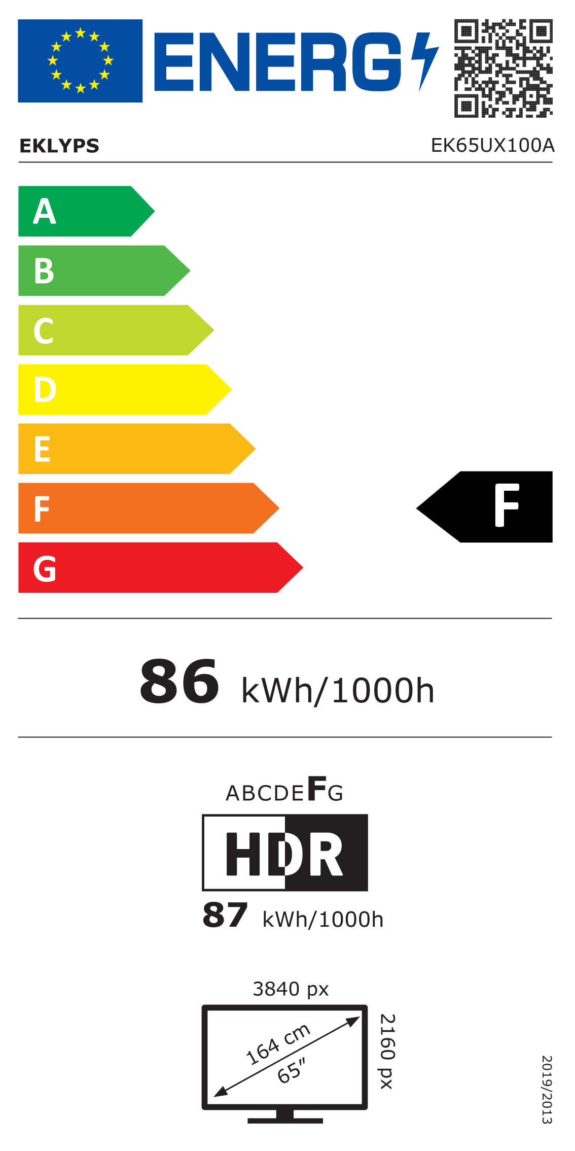 Télécharger l'étiquette énergétique classement F du téléviseur EK65UX100A