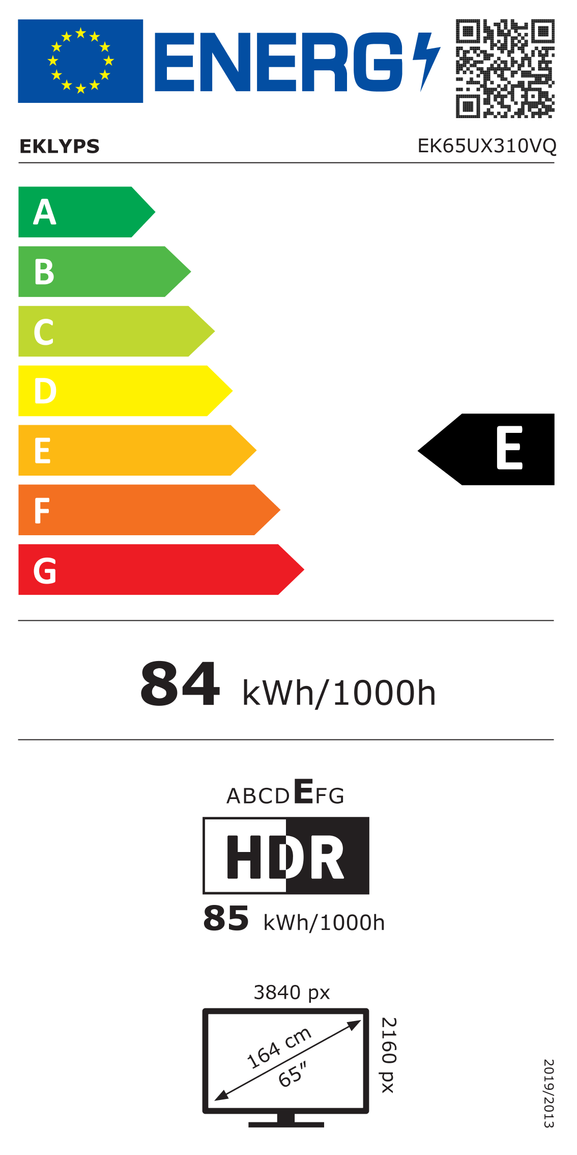 Télécharger l'étiquette énergétique classement E du téléviseur EK65UX310VQ