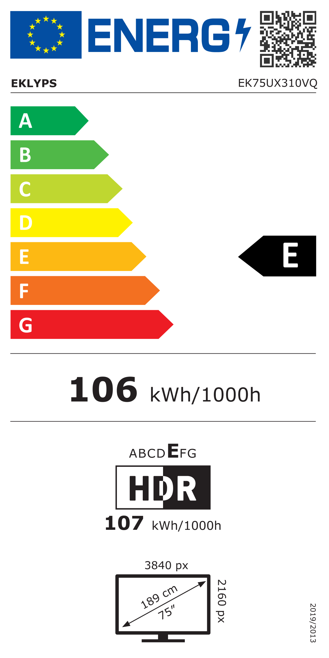 Télécharger l'étiquette énergétique classement E du téléviseur EK75UX310VQ