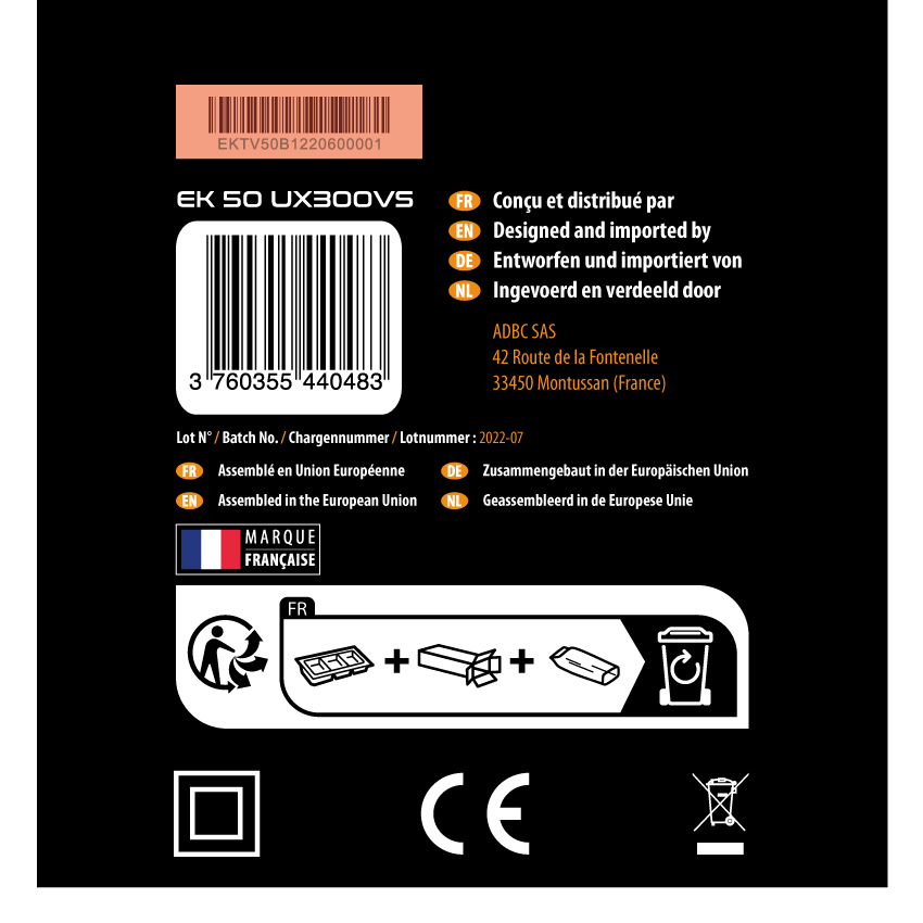 Téléviseur EKLYPS où trouver le numéro de série sur l'emballage.