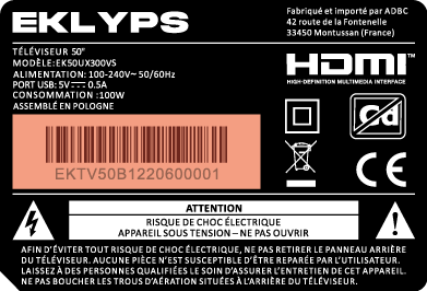 Téléviseur EKLYPS où trouver le numéro de série sur l'appareil.
