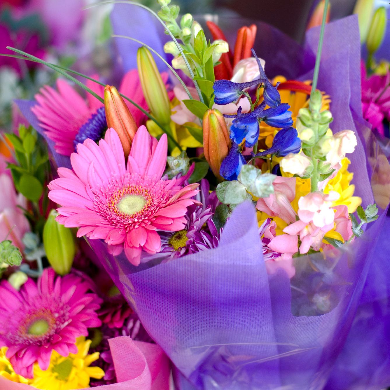 Ramos de flores variadas y tonos variados. Colores alegres con complementos de verdes decorativos y envueltos preparados para regalar. Enviamos su ramo gratis en Sevilla