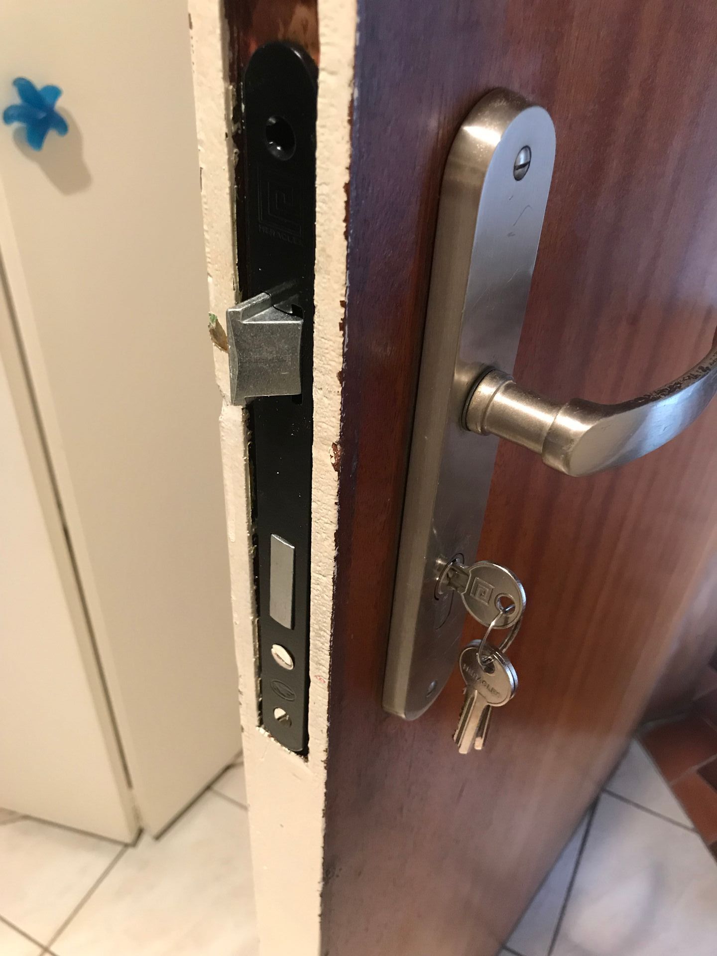 photo d'un mécanisme 1 point a larder,serrure,poignée de porte et clé introduite dans lea serrure