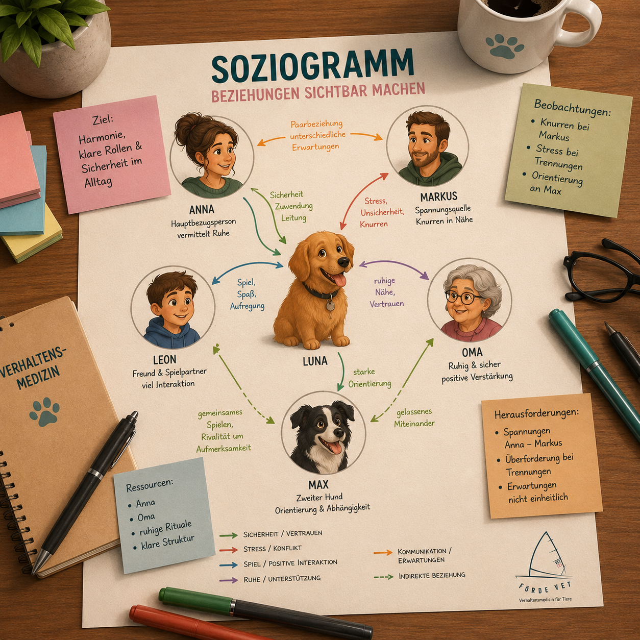 Grafische Darstellung der sozialen Beziehungen eines Hundes im Haushalt