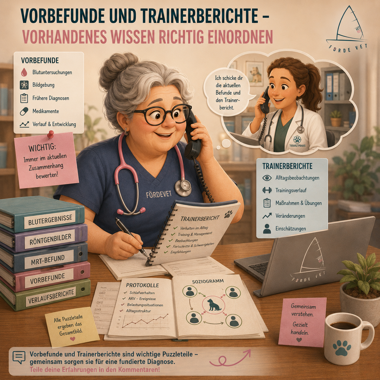 Tierärztin bewertet Vorbefunde und Trainerberichte eines Hundes
