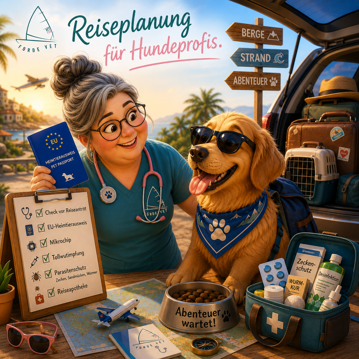 Die tierärztliche Checkliste von FördeVet hilft bei der Vorbereitung auf den Urlaub mit Hund