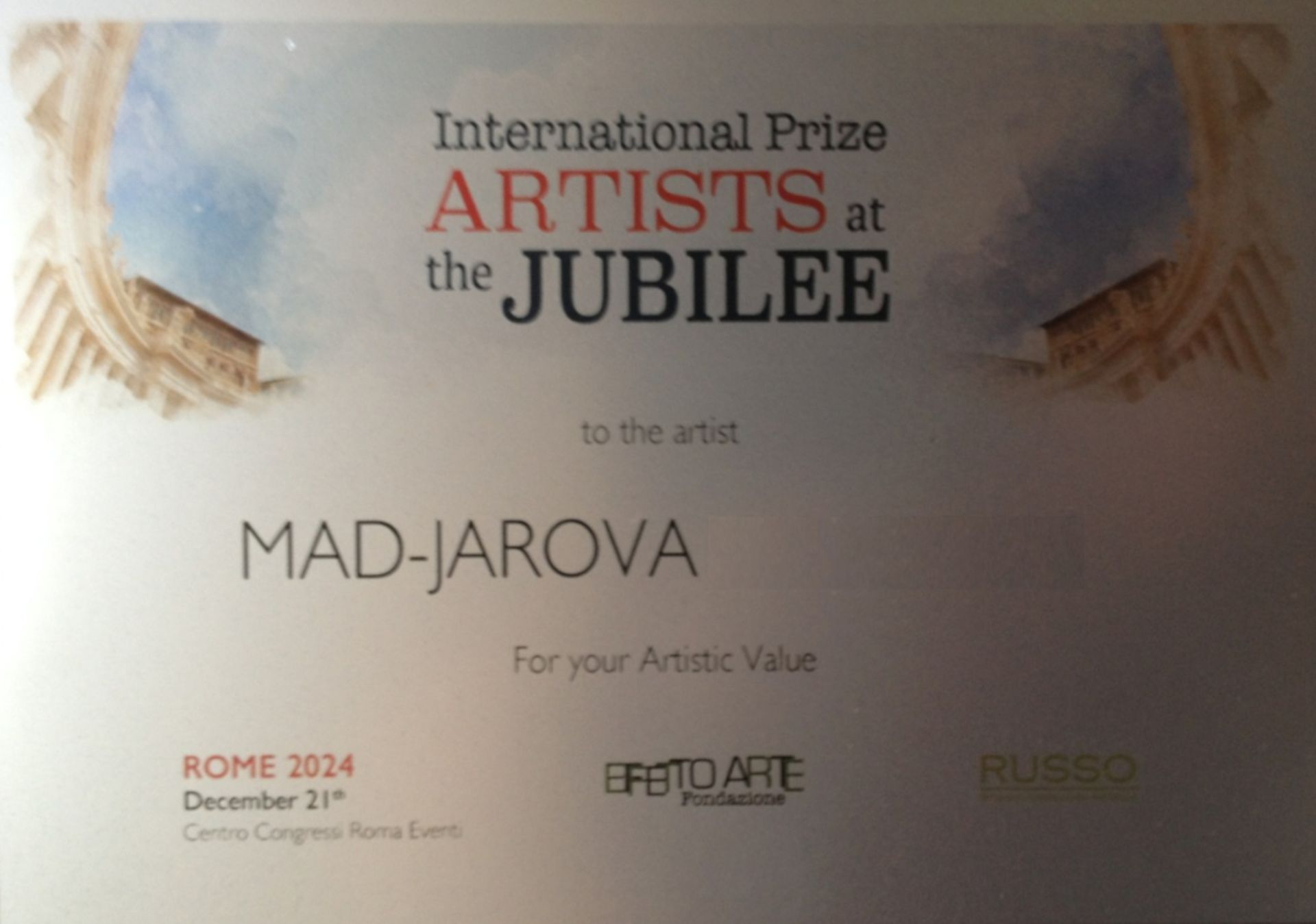 MAD-JAROVA certificat du prix Rome de 2024 Jubilée certificat du prix Rome de 2024 Jubilée