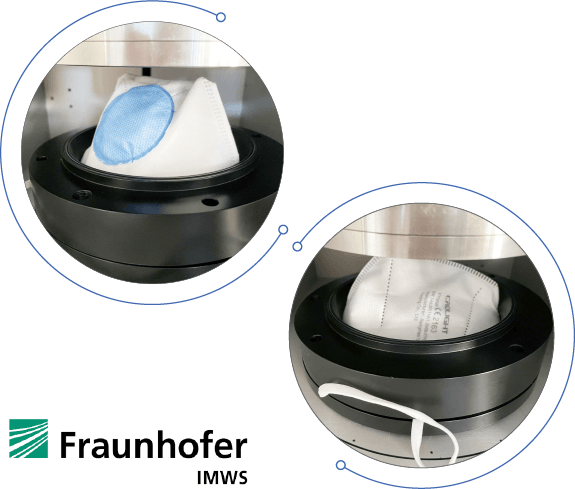 Prüfkammer des PMFT1000M mit Breath-Clear (links) und FFP2-Atemschutzmaske (rechts) Prüfkammer des PMFT1000M mit Breath-Clear (links) und FFP2-Atemschutzmaske (rechts)