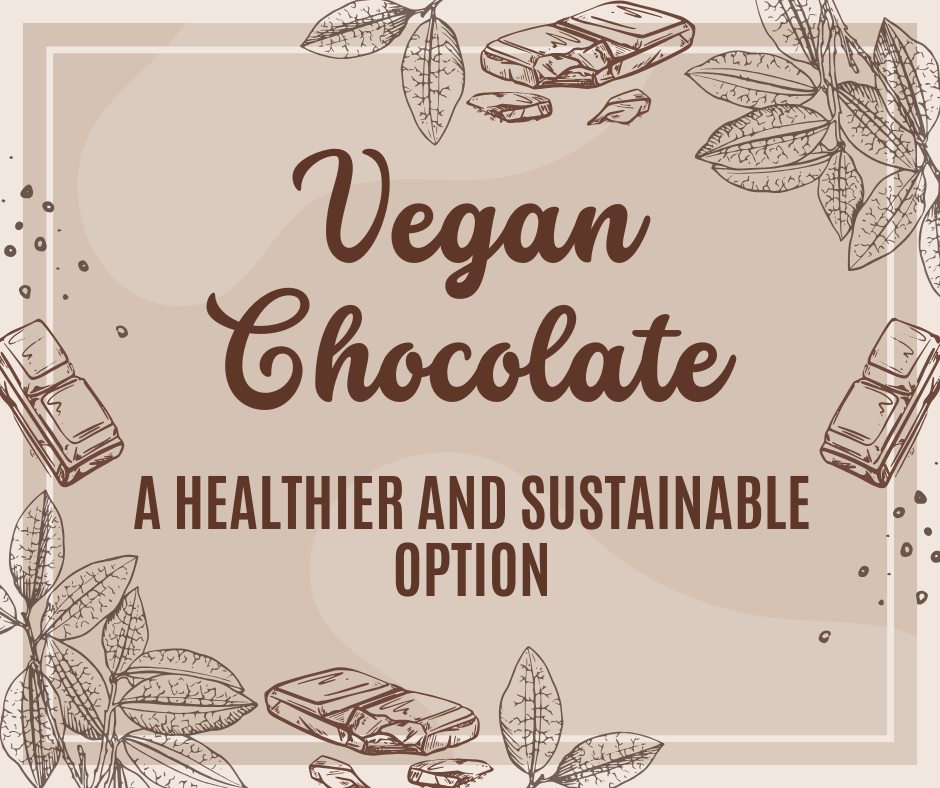 vegan chocolate graphic with cacao, chocolate and plants around the boarder