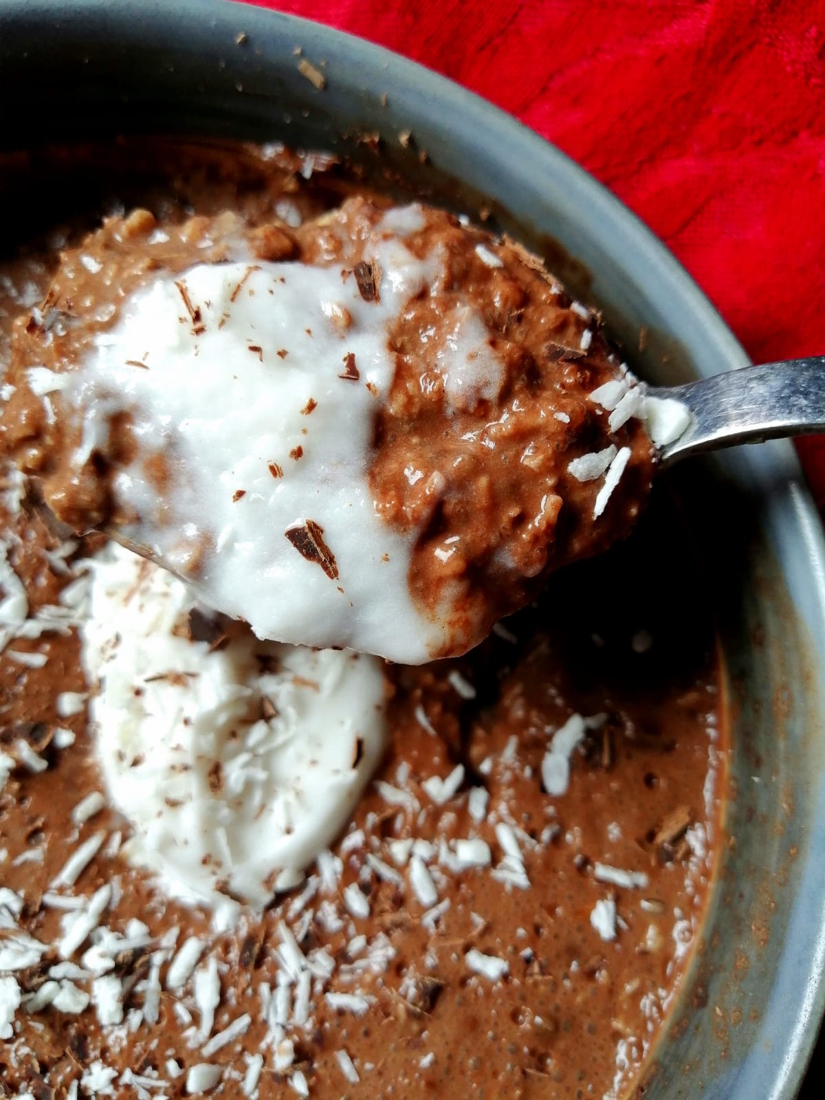 chocolate overnight oats with coconut and yogurt