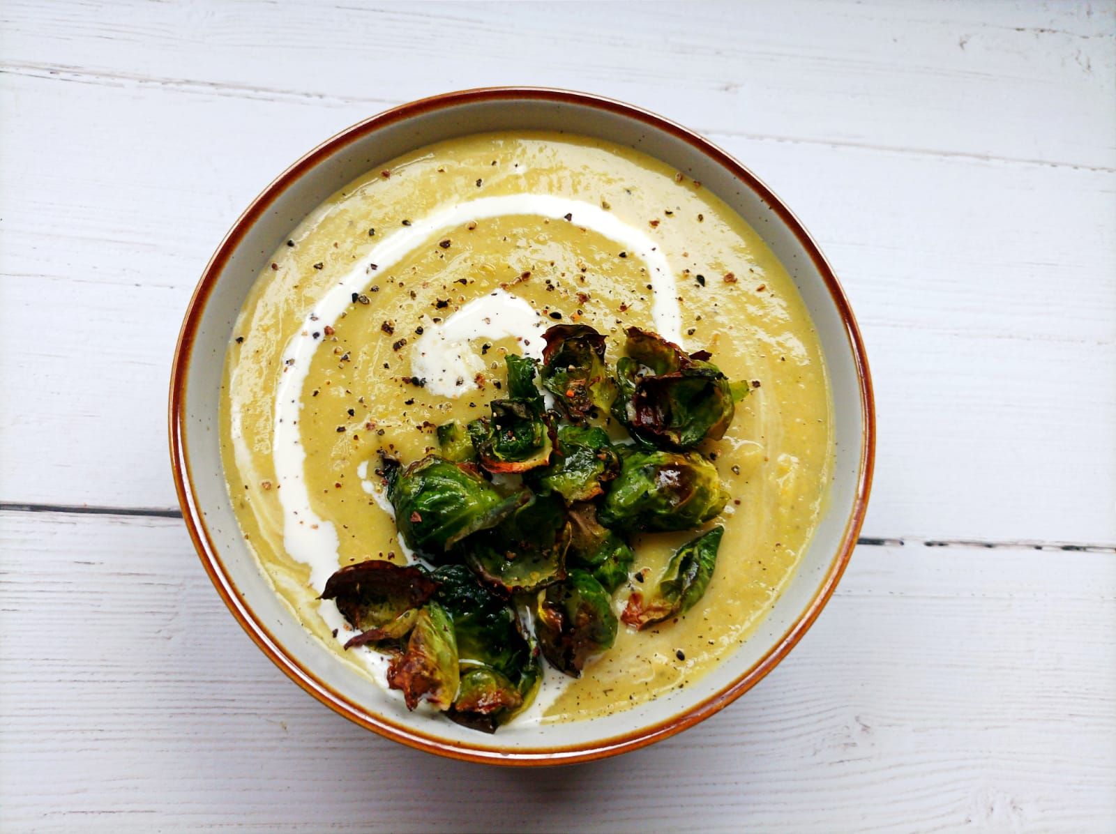 Creamy Vegetable Soup with Crispy Brussels Sprouts