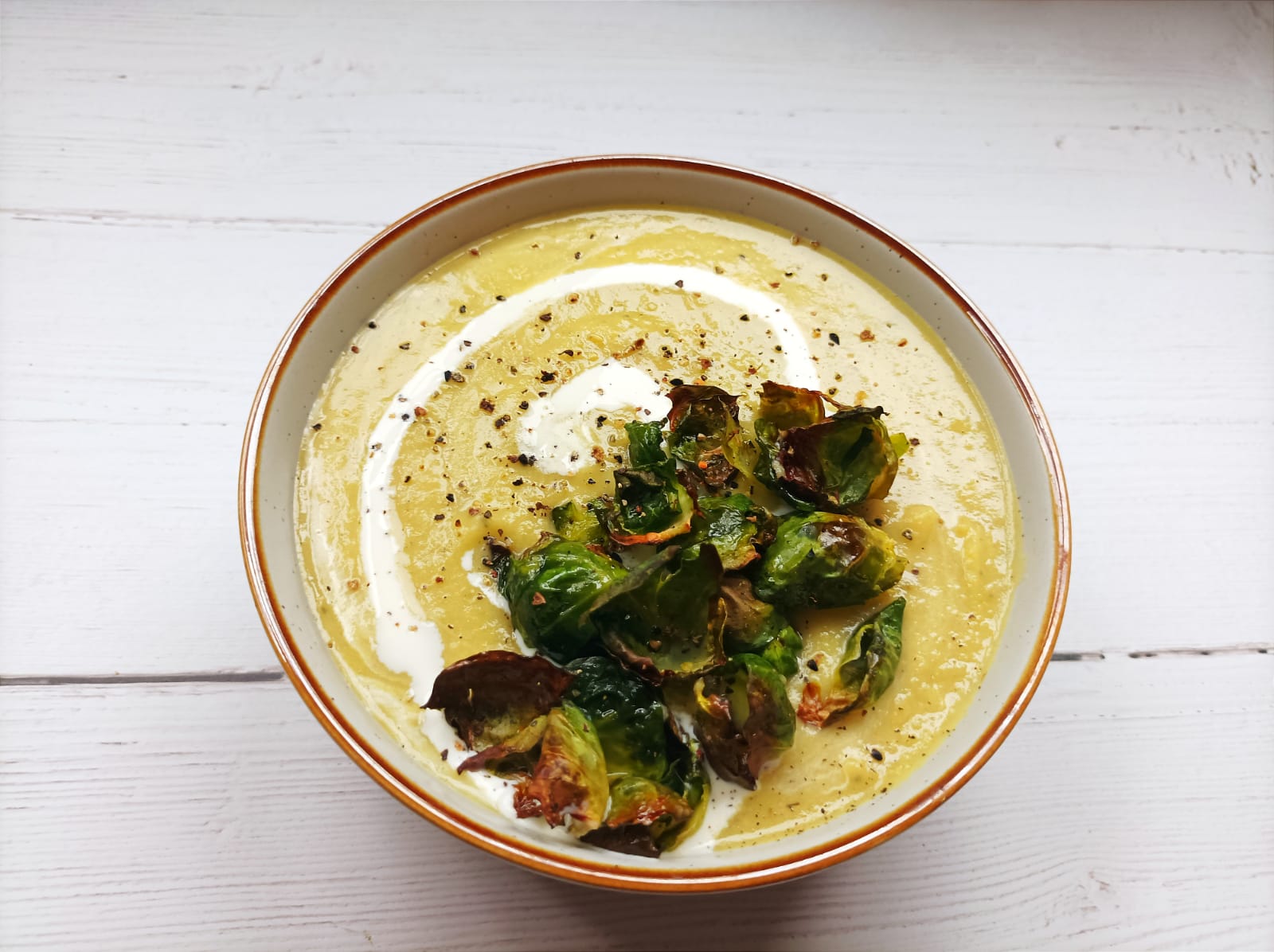 Creamy Vegetable Soup with Crispy Brussels Sprouts