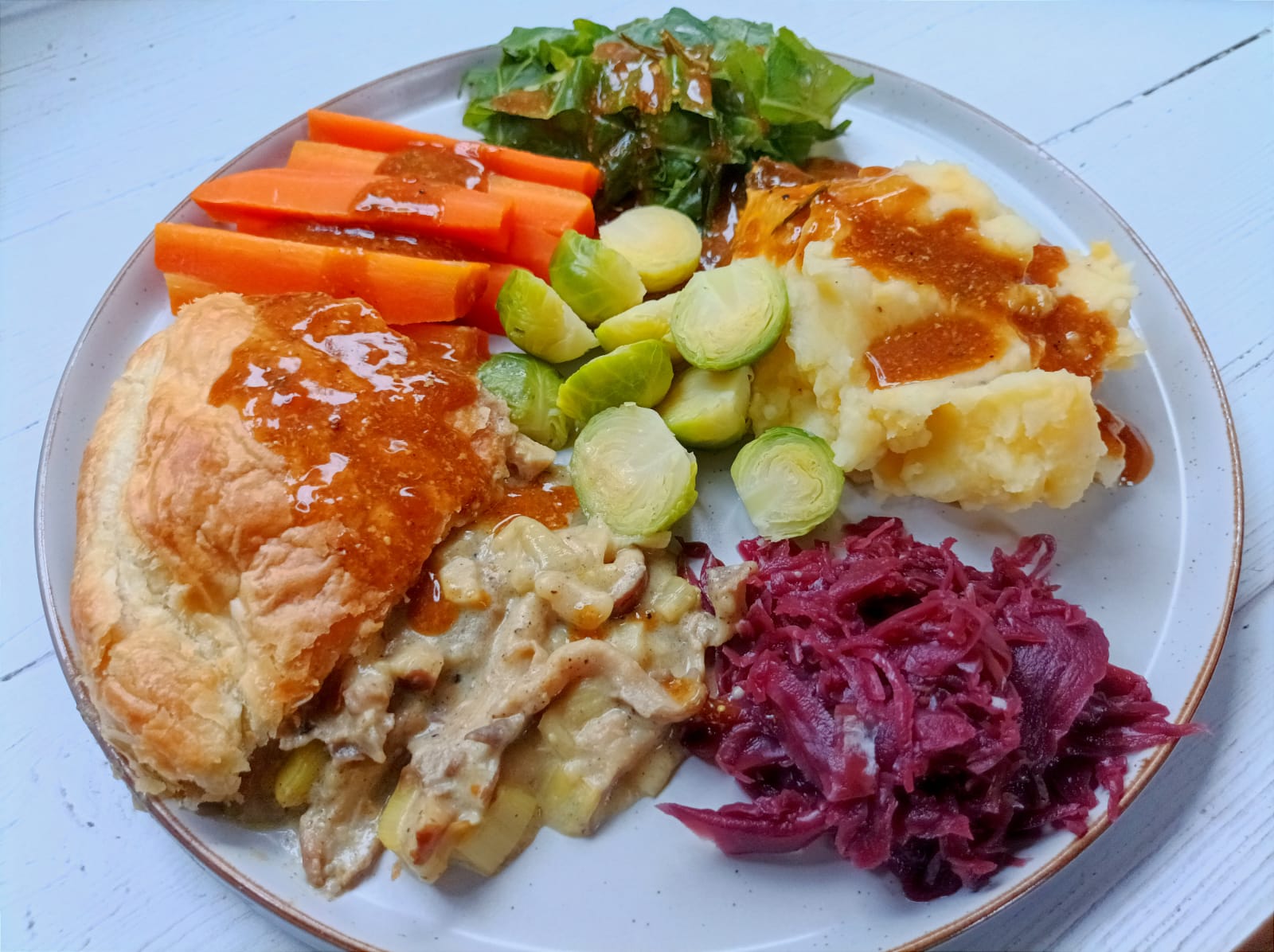 Leek and mushroom pie with steamed veggies, mash potato, and gravy