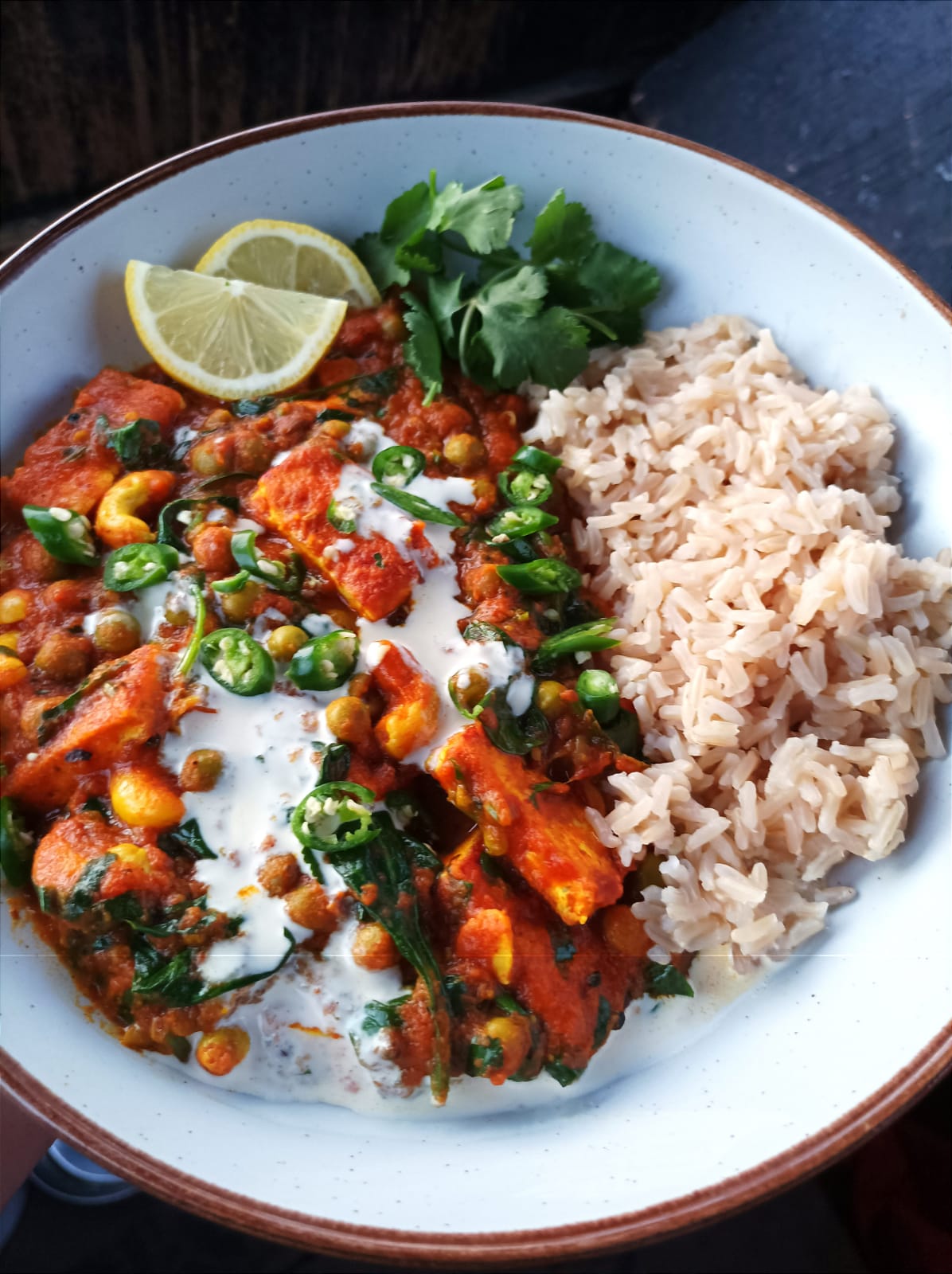 Tofu batons with rice in a tikka curry sauce