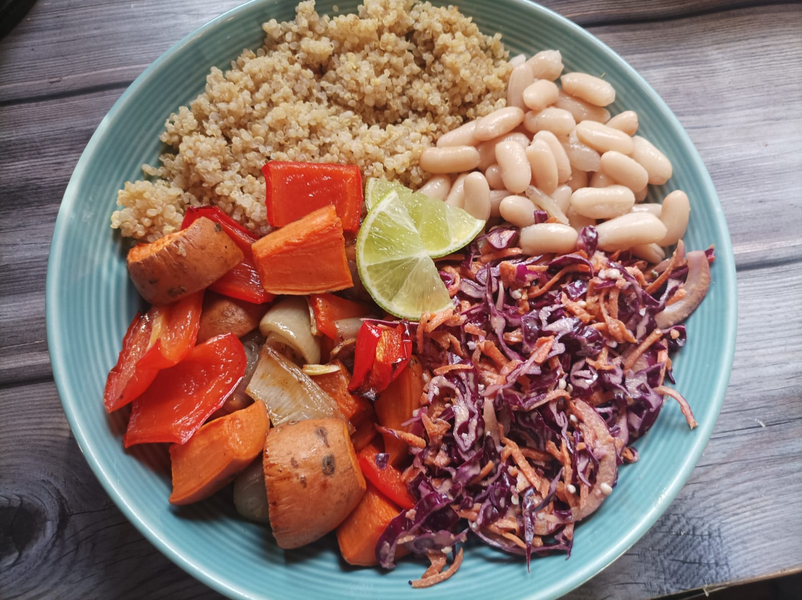 bean and roasted veg buddha bowl with slaw