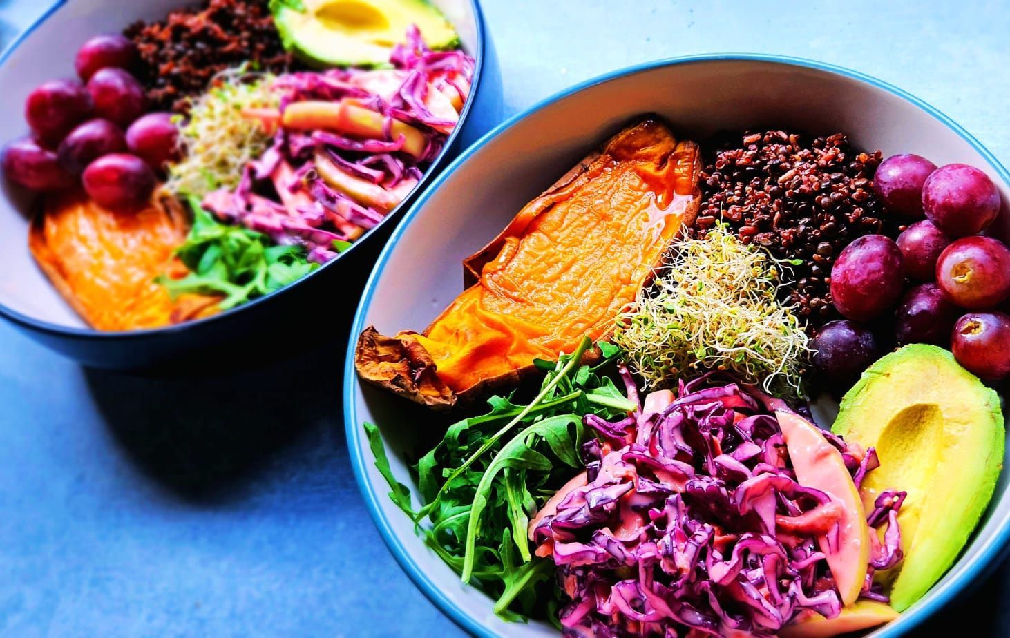 sweet potato salad with grapes, avocado, and slaw