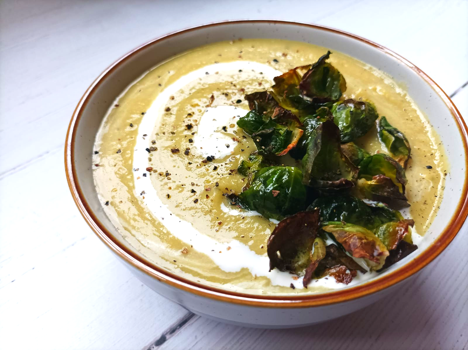 Creamy Vegetable Soup with Crispy Brussels Sprouts