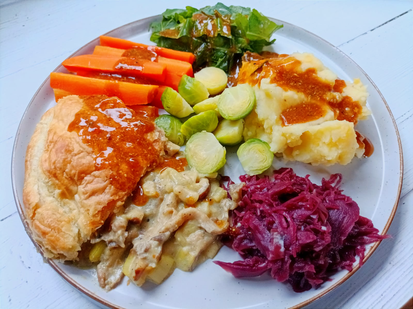 Leek and mushroom pie with steamed veggies, mash potato, and gravy
