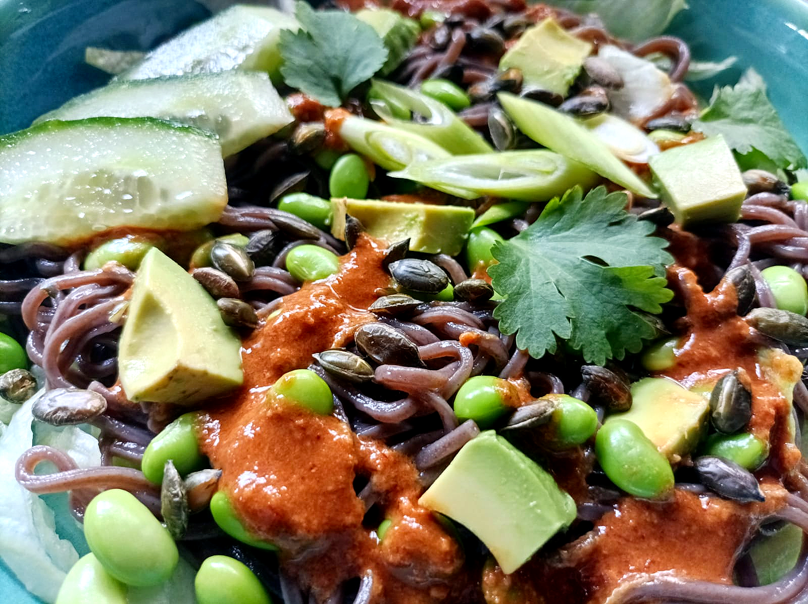 a bowl of noodle salad with a dressing