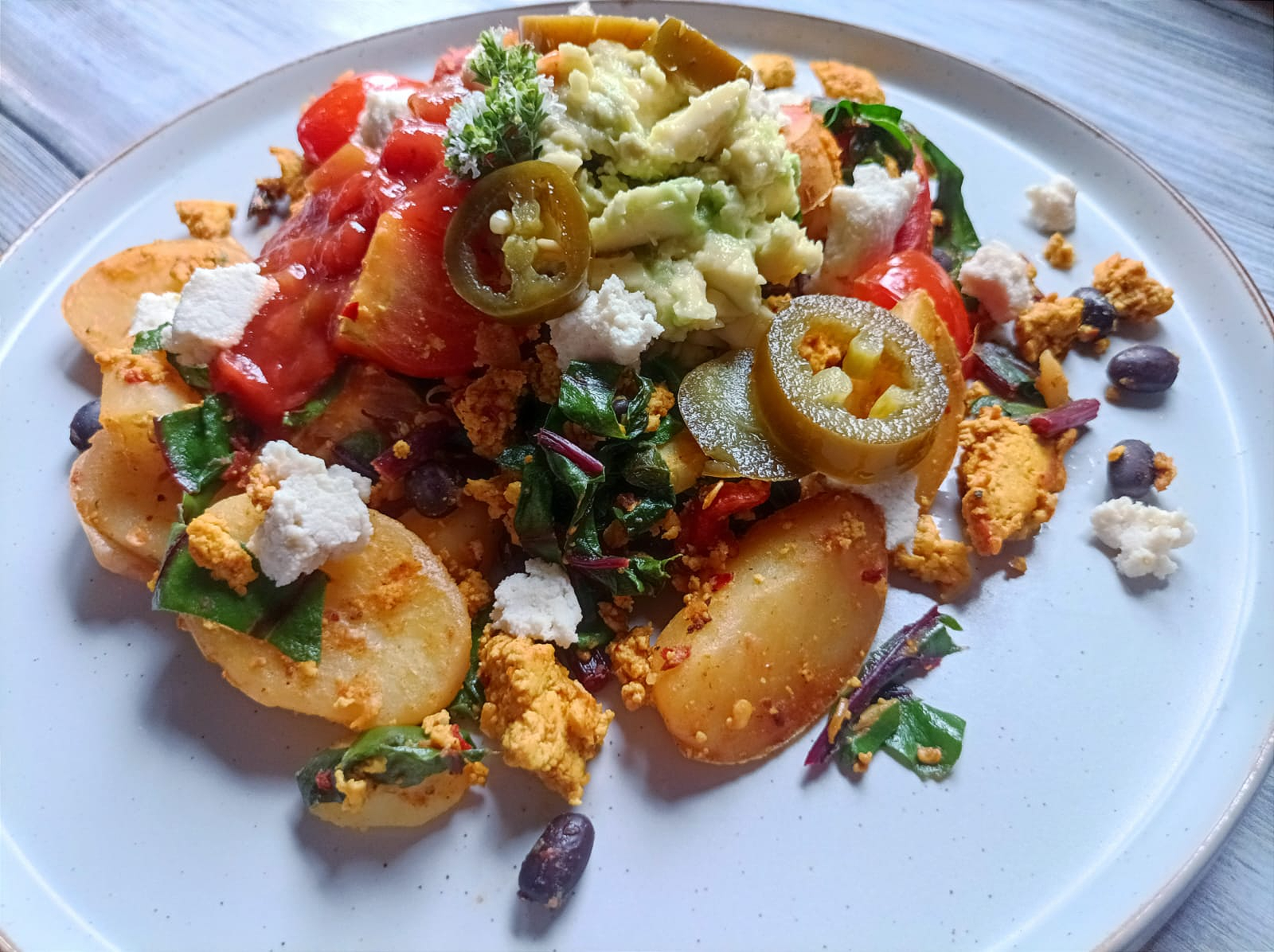 tofu hash with salsa, guacamole and jalapenos