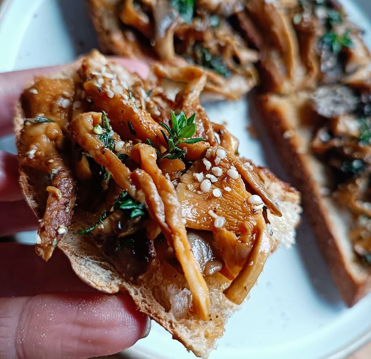 mushrooms on toast with hemp seeds and thyme