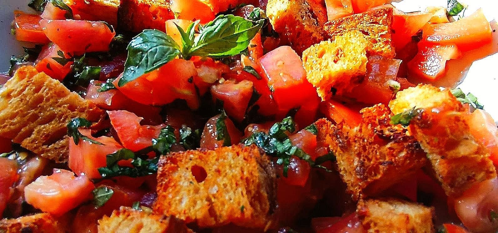 bruschetta salad with crispy sourdough bread croutons