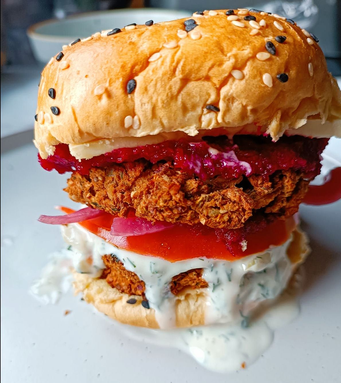 bean burger with dill pickle dip