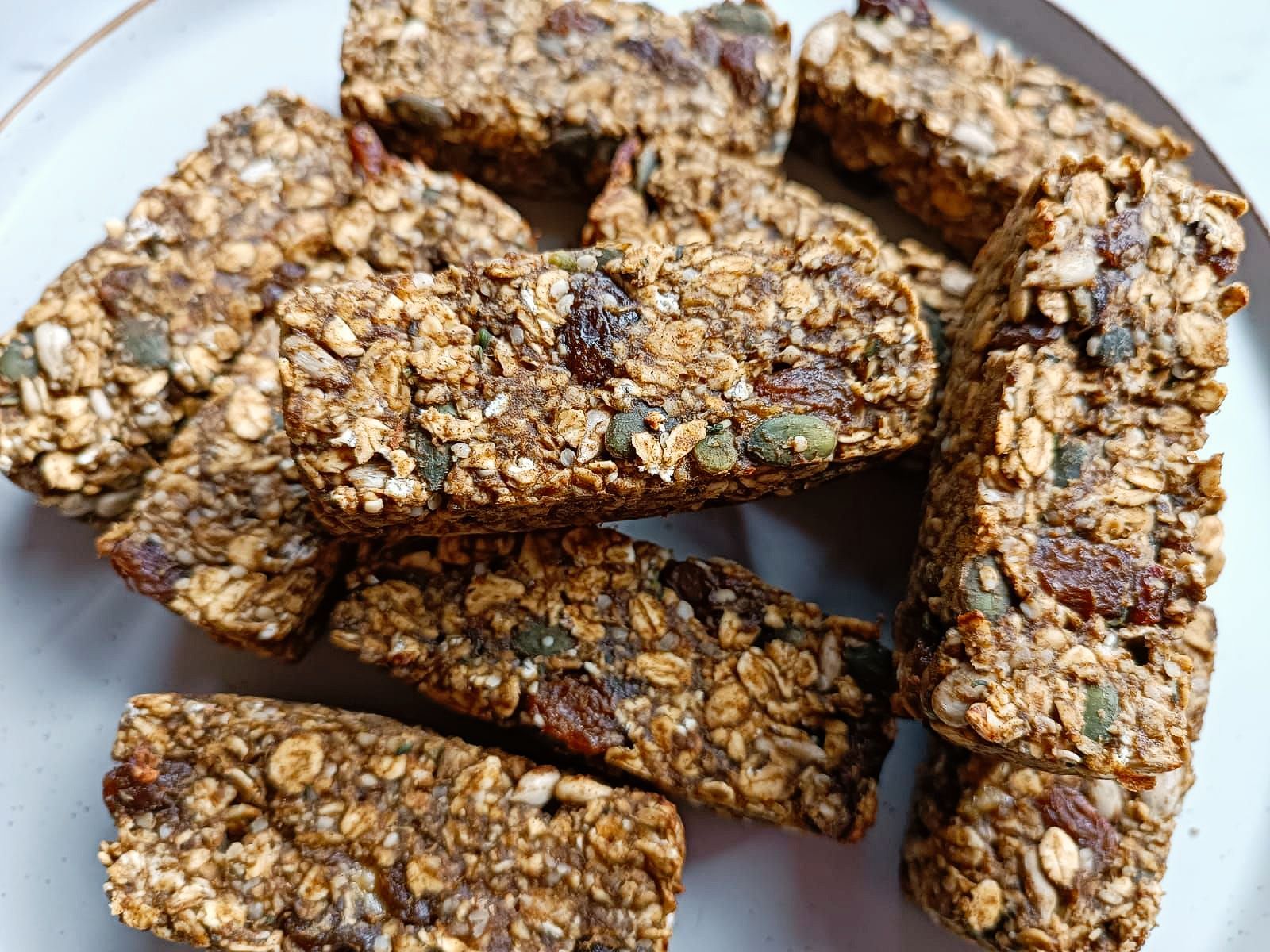 fruit and seed flapjacks on a plate