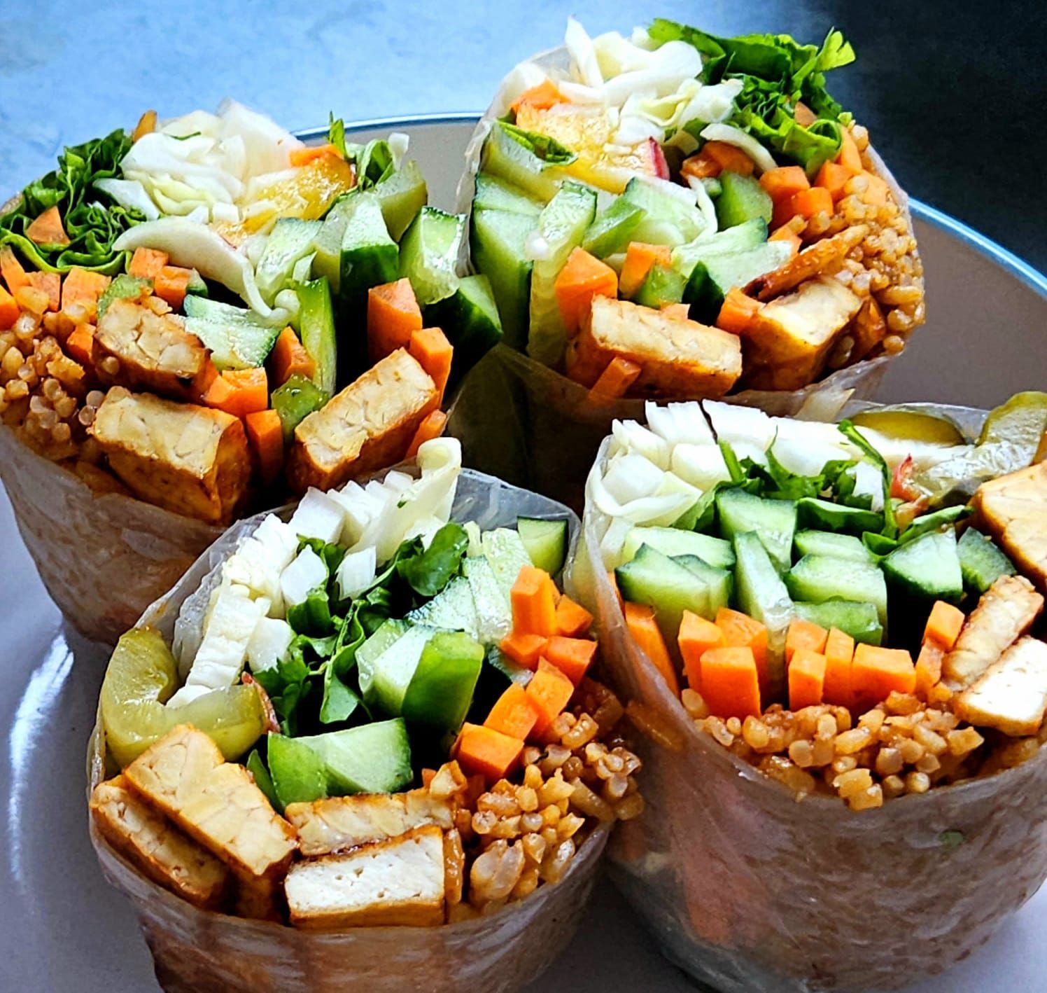 summer rolls filled with tempeh, bbq rice, and veggies
