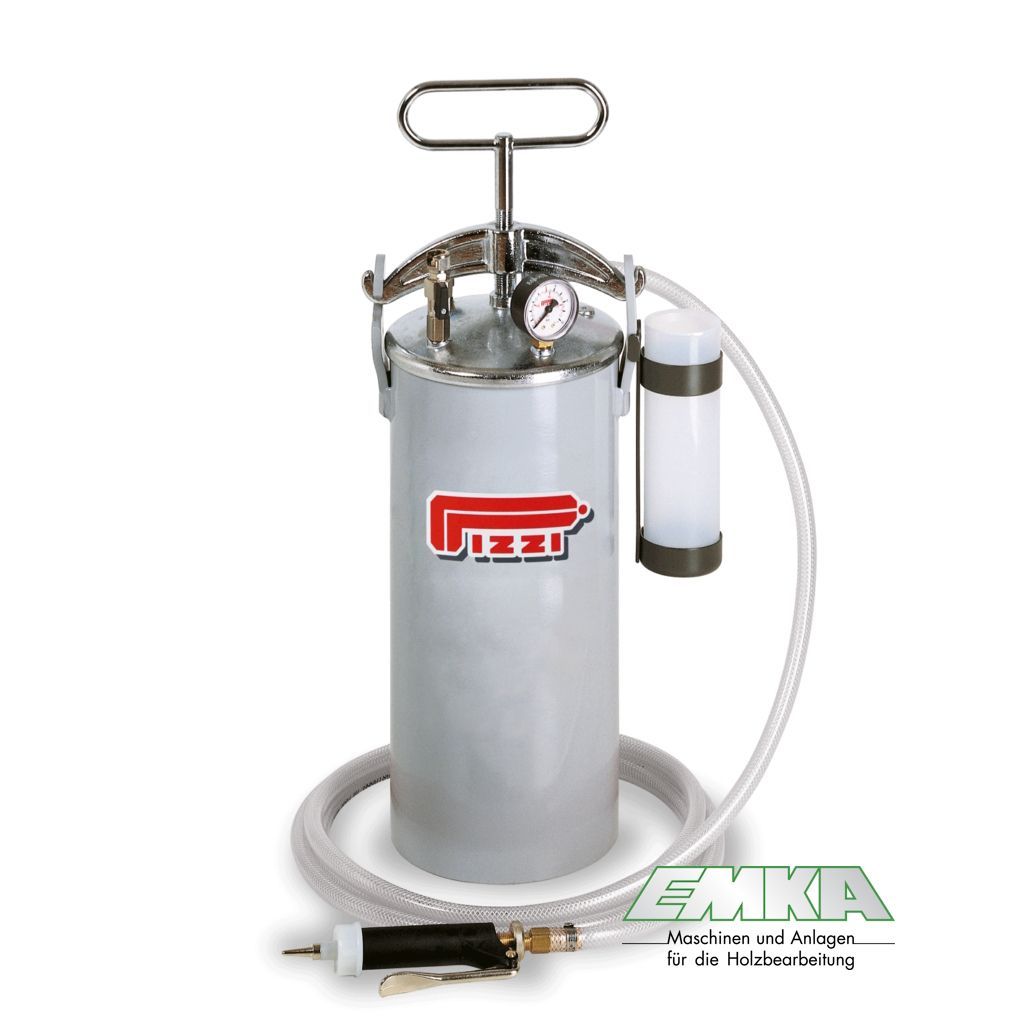 Druckbehälter für Vinylkleber mit 1 verstellbarer Durchflussklebepistole und Universaldüse. Leimdruckbehälter für Venylkleber A8 Serie PIZZI