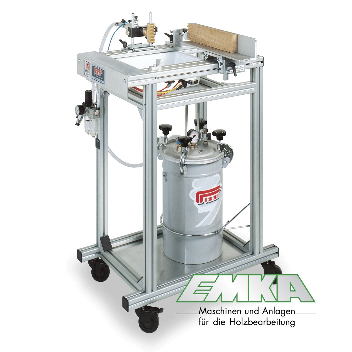 PIZZI Leimauftragsmaschine mit Schlitten für Stirnseitige Beleimung und Keilzinkenverleimung. PIZZI Leimauftragsmaschine mit Schlitten für Stirnseitige Beleimung und Keilzinkenverleimung.