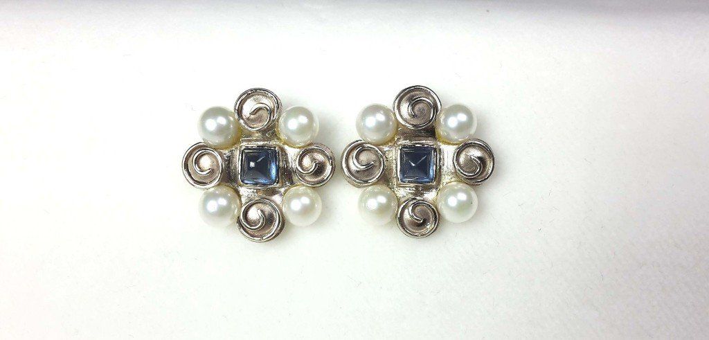 Schmuck, Damen Sticker, Ohrringe 14 kt, 585, Weißgold, Safir, Pyramiden Schliff, runde Perlen