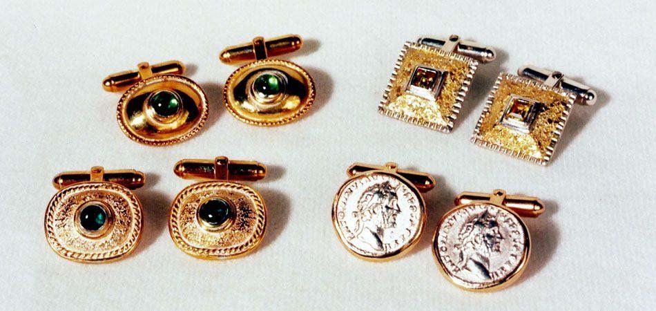 Herren, angefertigte, individueller Schmuck, Manschettenknöpfe Münze Safir Gold Silber Citrin