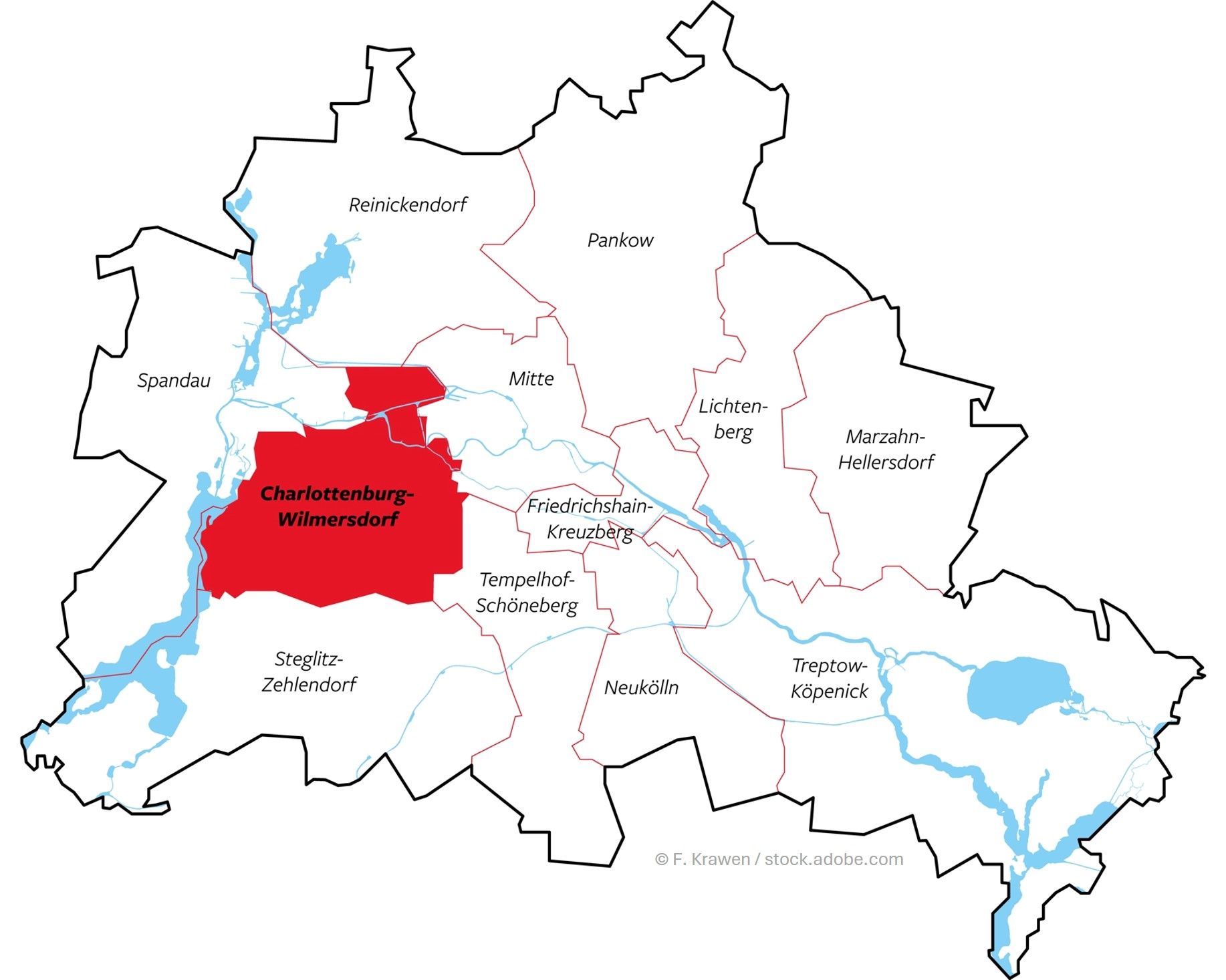 Landkarte Berlin – Bezirk Charlottenburg-Wilmersdorf rot markiert, Fokus Alarmanlagen