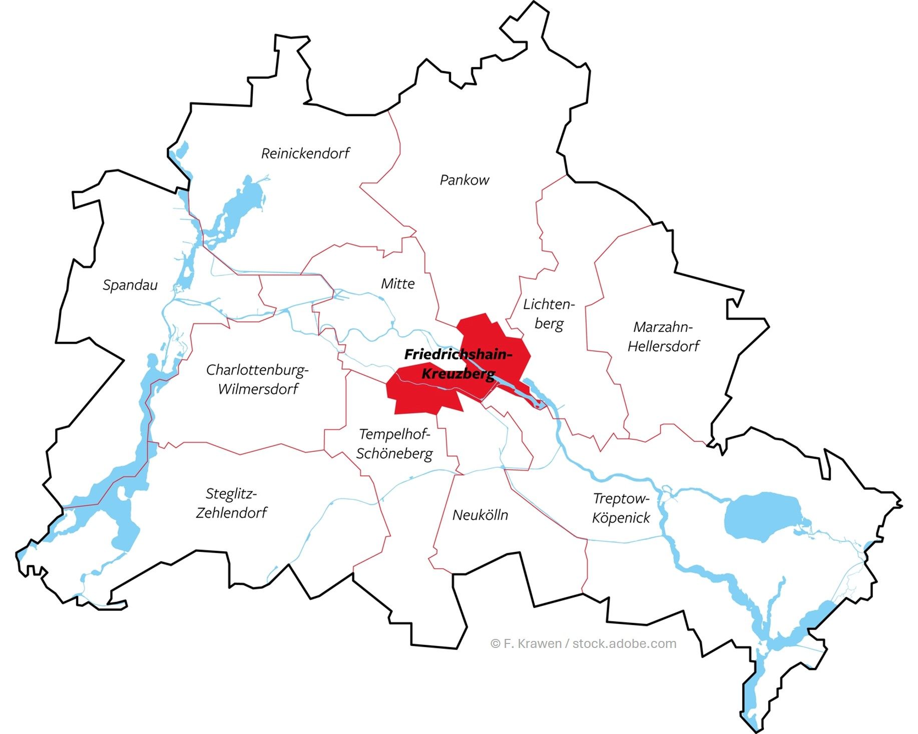 Landkarte Berlin – Friedrichshain-Kreuzberg farblich hervorgehoben, Sicherheitstechnik im Fokus