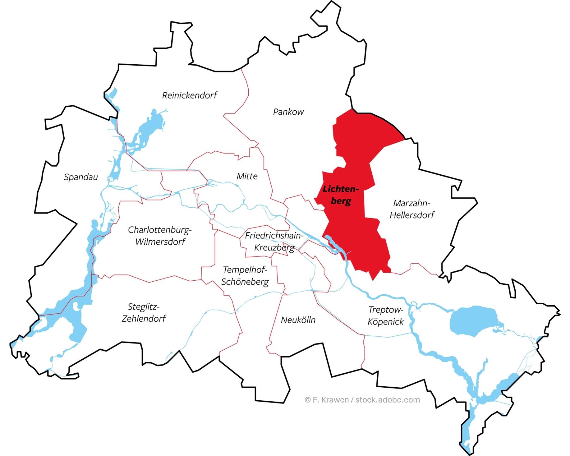 Berlin-Karte mit Lichtenberg in Rot – Region für moderne Alarmanlagen