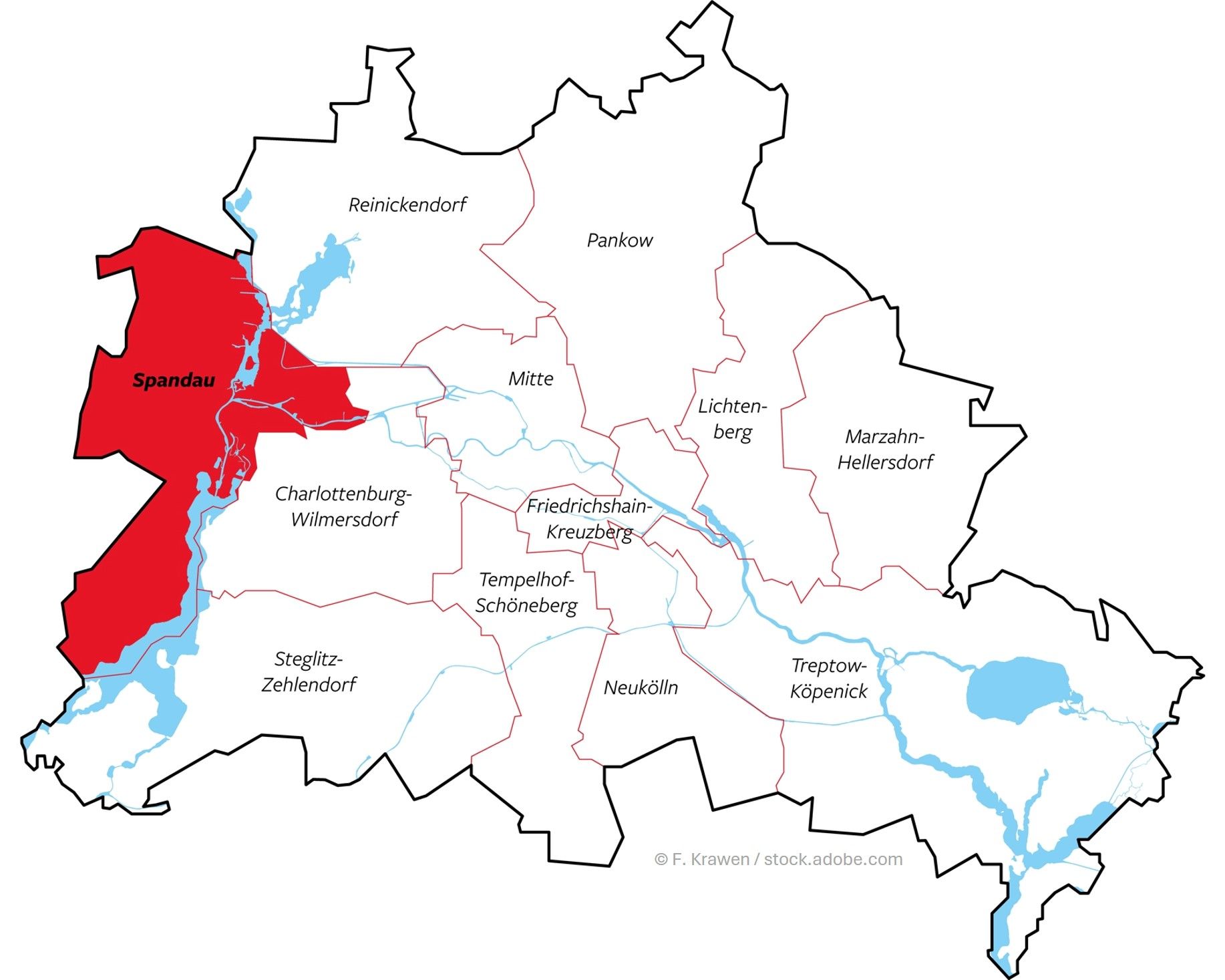 Berlinkarte – Spandau rot eingefärbt, Fokus auf Alarmanlageninstallationen