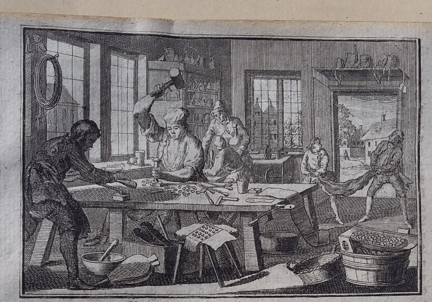 Kupferstich einer Gürtlerwerkstatt aus „Werkstätte der heutigen Künste - Der Gürtler“ von 1761