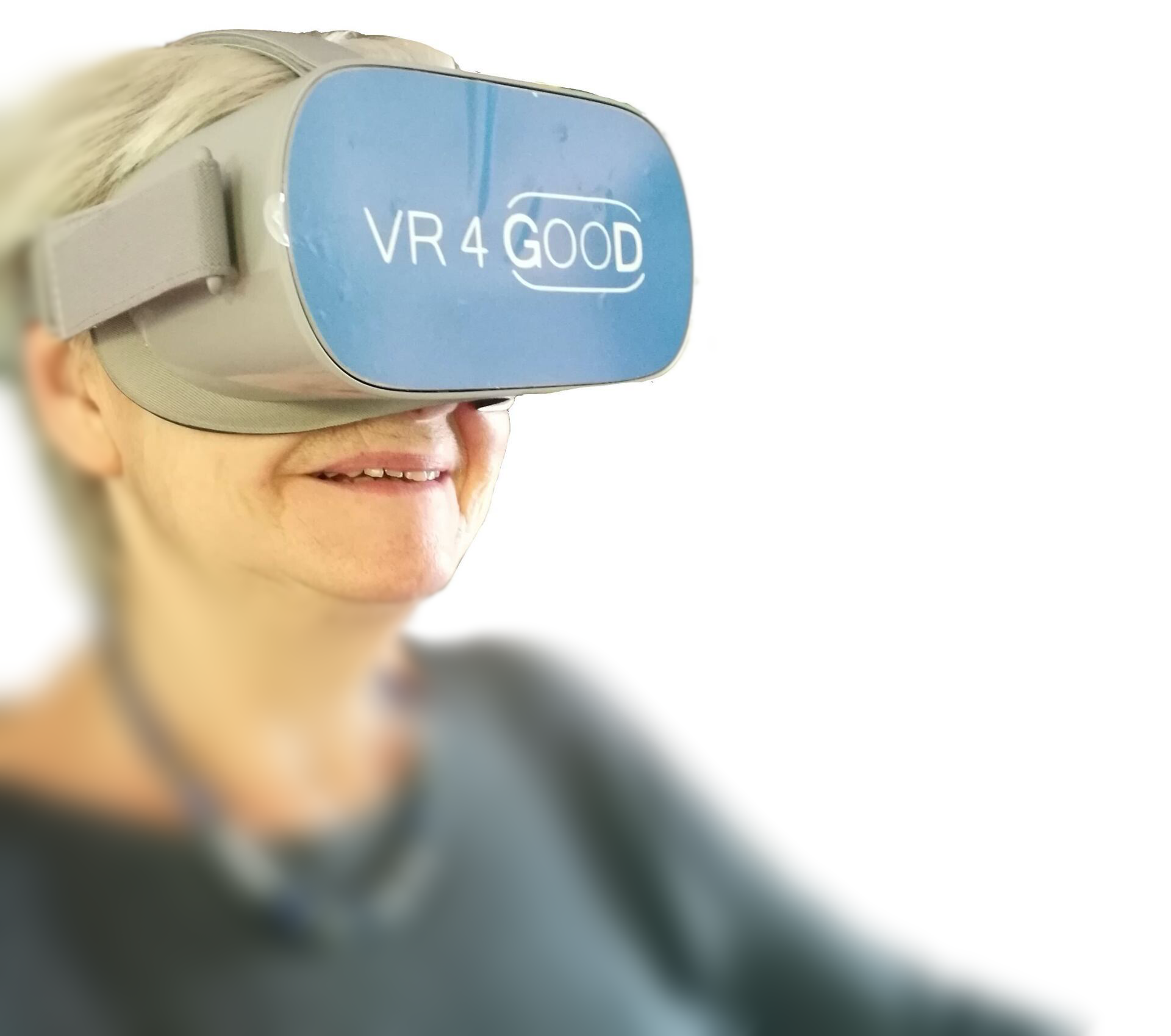 Smiling Senior Lady watching a VR film with an headset