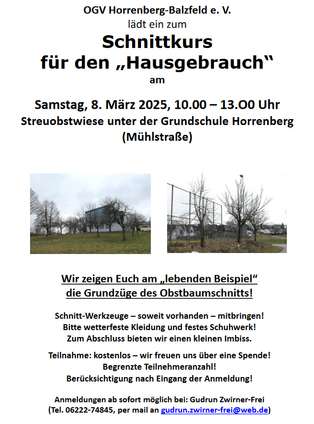 Schnittkurs am 8.3.2025! Schnittkurs Obst- und Gartenbauverein Horrenberg-Balzfeld am 8. März 2025
