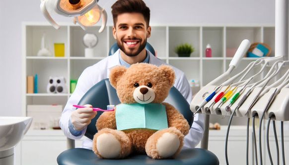 Kinder- Zahnheilkunde, Zahnarzt mit Teddy und Zahnbürste im Behandlungsraum. KI-Bild der MedicaDenta