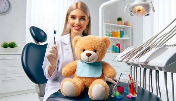 Kinder- Zahnheilkunde, Zahnärztin mit Teddy und Zahnbürste im Behandlungsraum. KI-Bild der MedicaDenta