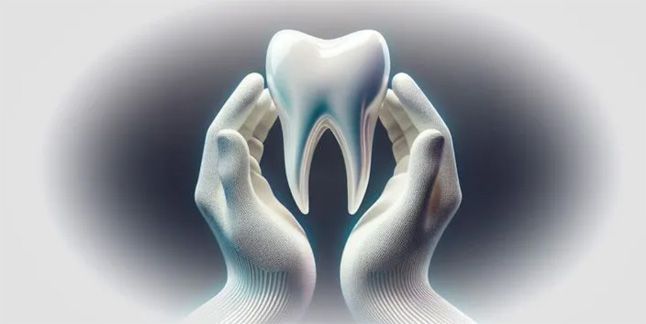 zwei schützende Handflächen behüten einen glänzenden Zahn in Großaufnahme